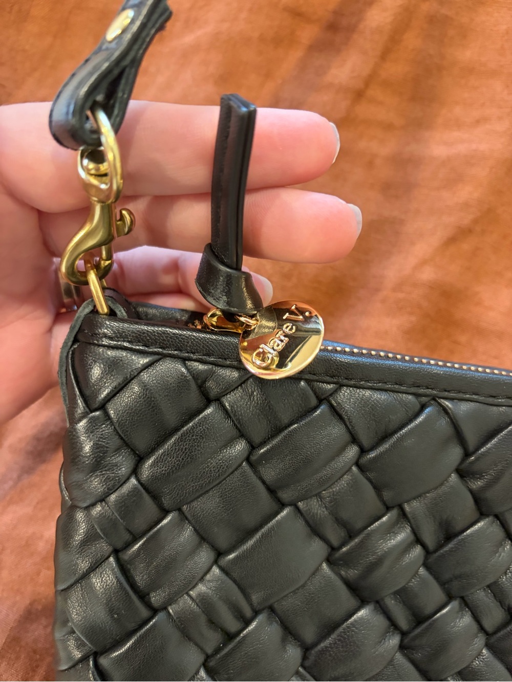 Woven Leather Crossbody Bag in Black with Gold Hardware - Picture 2 of 8